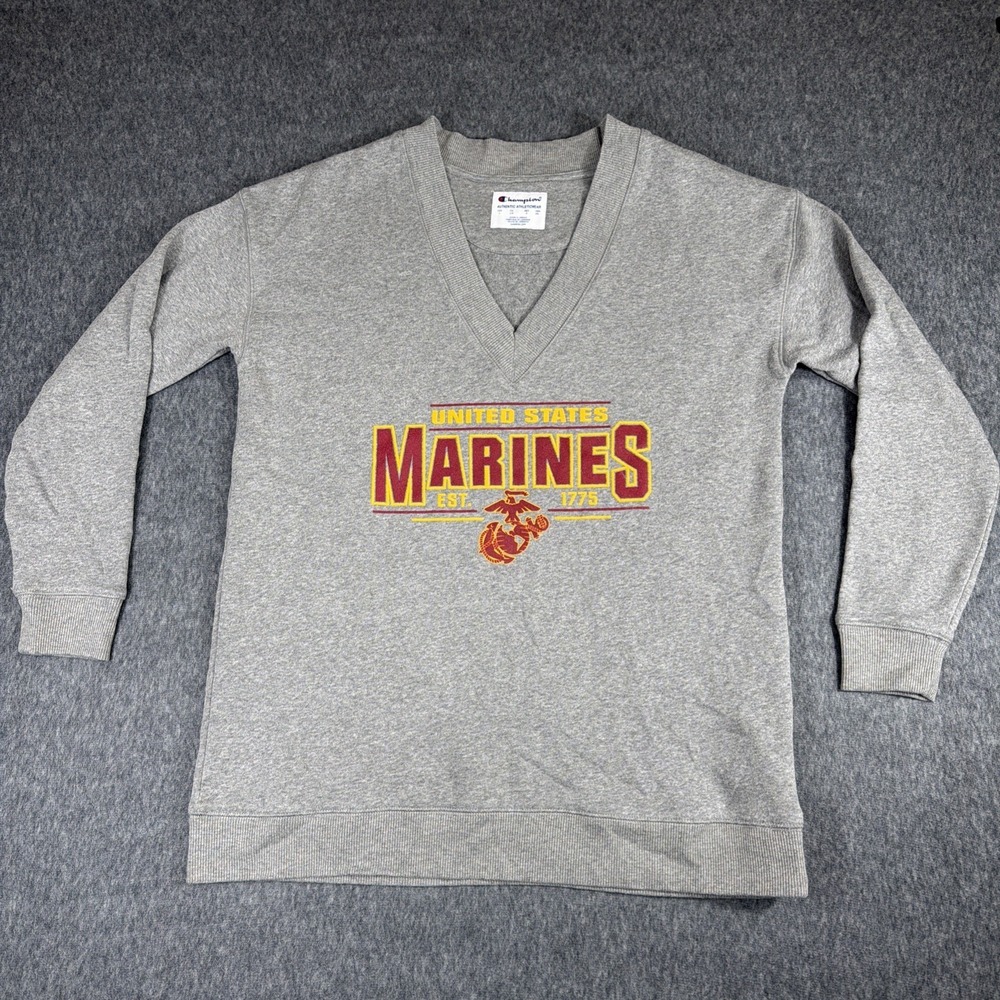 Champion Sweater Men's L Gray USMC US Marines Sweater‎ Casual Pullover V Neck